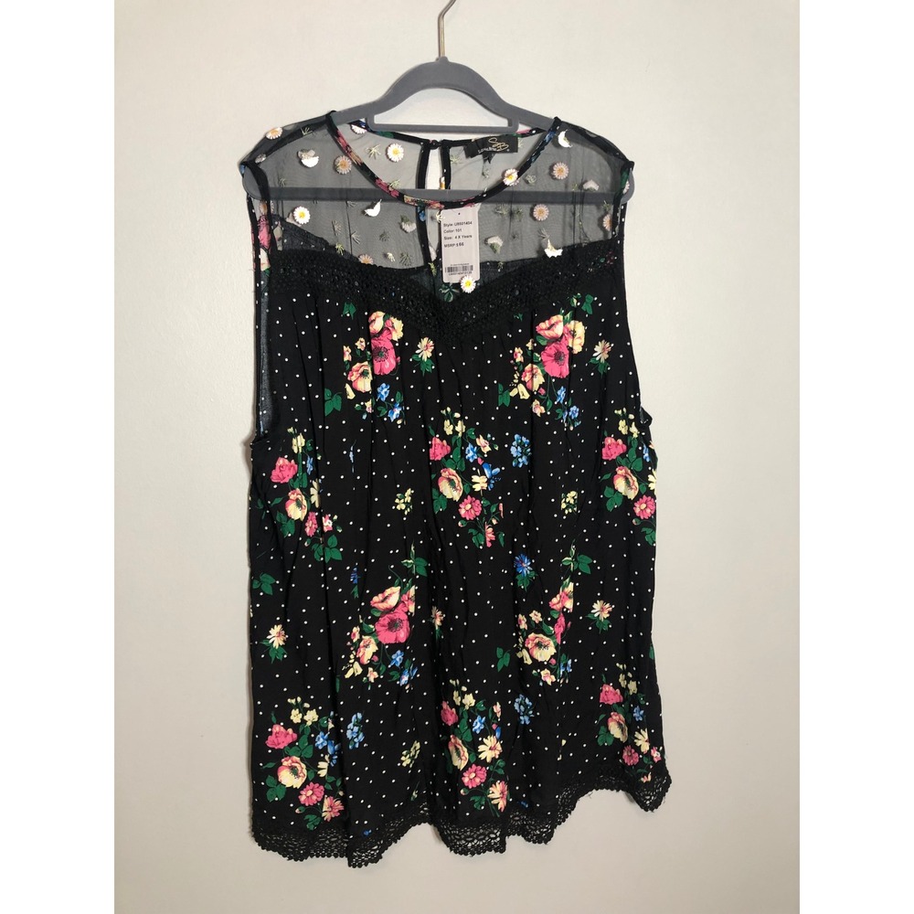 NEW Suzette Betro Sleeveless Top Women 4X Black Floral Polka Dot Embroidered
